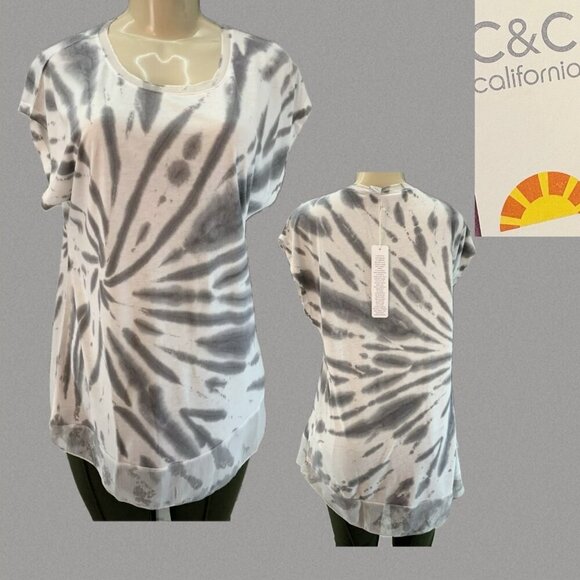 C&C California L Gray- Cream Tie-Dye Mesh Crew Neckline Mesh Step-Hem Muscle Tee - Picture 1 of 6